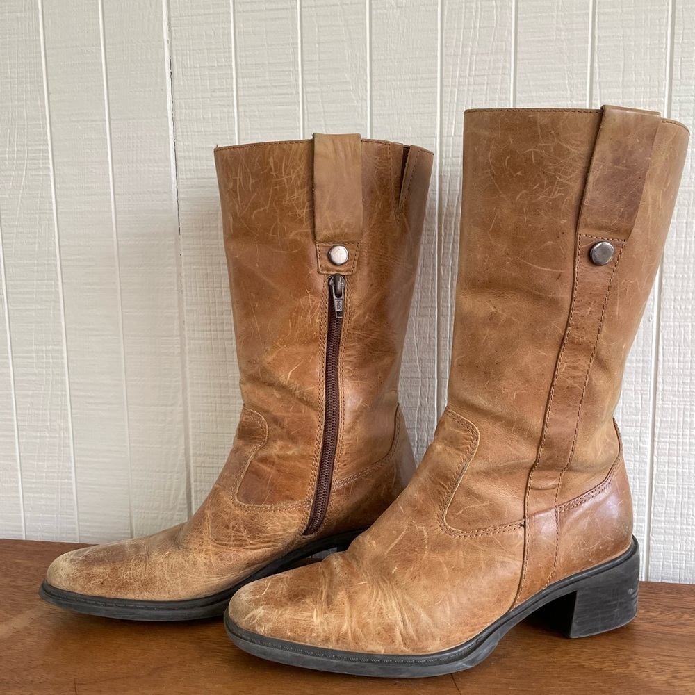 Classic Women's Tan Leather Mid-Calf Boots Western Boho